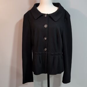 Marc Cain Black Button Down Wool Blazer with Peplum Detail,Size 5.